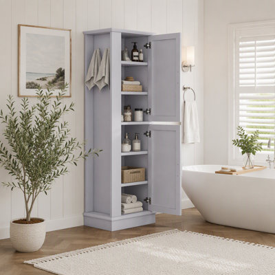 Armoire de rangement autoportante de 68 po de hauteur pour salle de bain, armoire de rangement en panneau de fibres à densité moyenne avec crochets latéraux et tablettes réglables, armoire de rangement pour salle de bain, salle de lavage