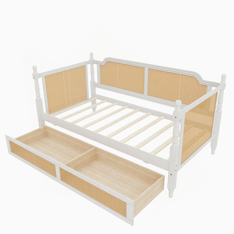 Lit de jour en rotin avec 2 tiroirs, Lit simple, Blanc antique