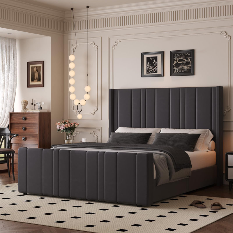 Lit rembourré avec tête de lit capitonnée verticale et pied de lit 22 po, Complète, gris