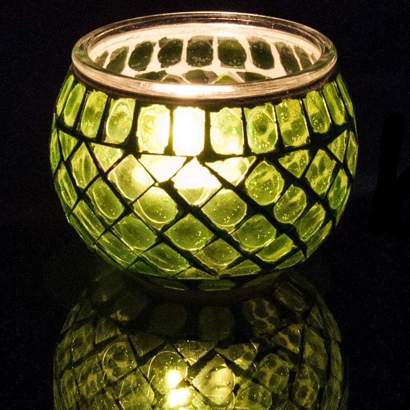 Glass Tabletop Tealight Holder with Candle Included, Green
