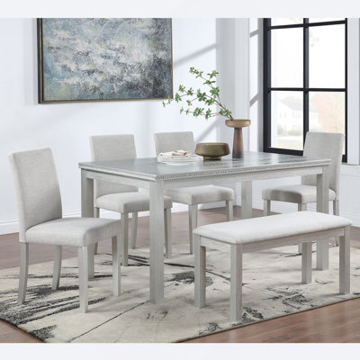 Ensemble de table de salle à manger 6 pièces en bois, table de salle à manger en bois avec 4 chaises rembourrées et banc pour 6 personnes, ensemble de table de salle à manger rectangulaire avec décoration en cristal pour la cuisine, la salle à manger, gris argenté