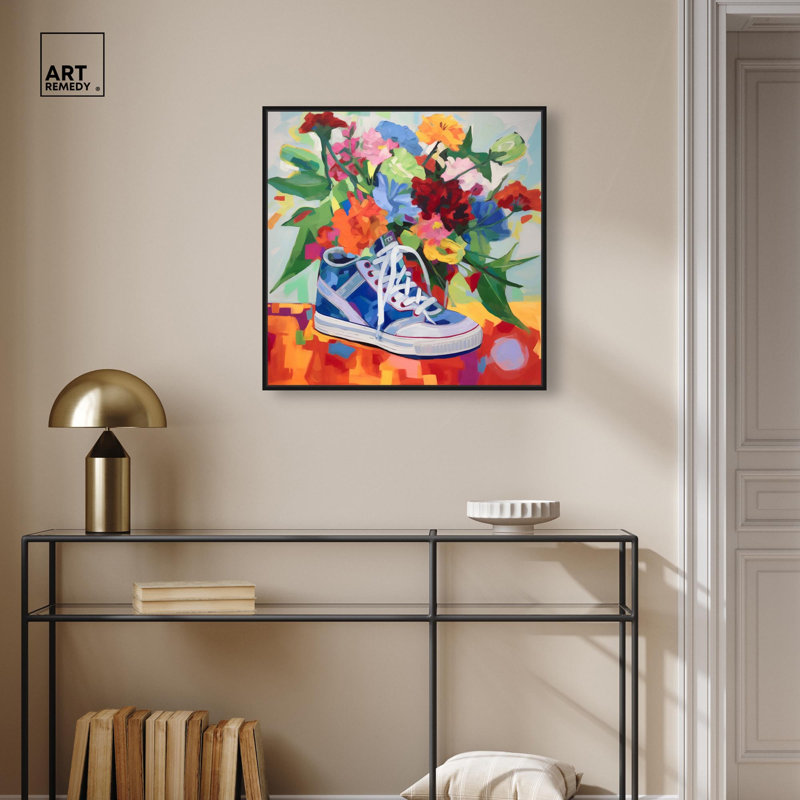 Art mural coloré sur toile Sneaker Bouquet , H 25 po x l 25 po, Cadre flottant noir