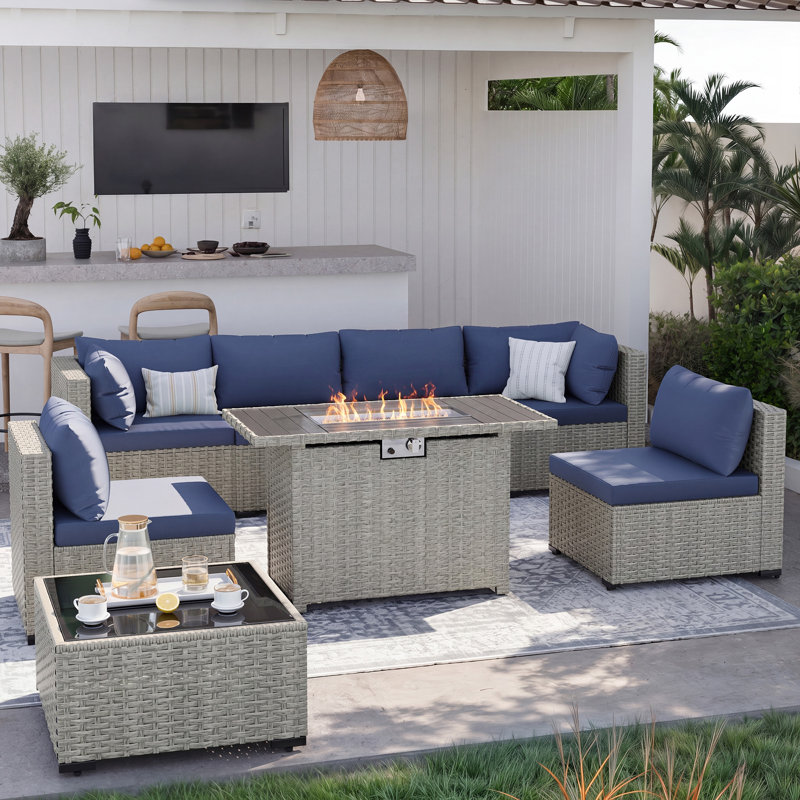 Outdoor Wicker 8-Piece Sectional Sofa Set With Comfortable Cushions, Navy