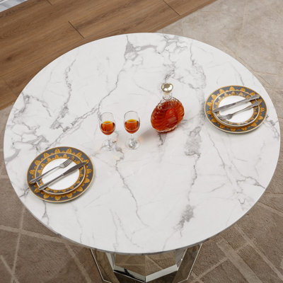 Round Marble Dining Table, Modern Kitchen Table With High Gloss Faux Marble Tabletop And Stainless Steel Base For Dining Room, Kitchen(Only Table)