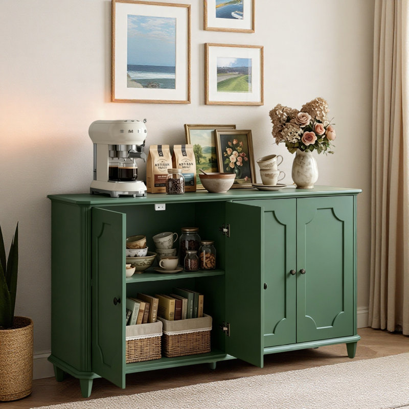 Buffet vintage avec portes cintrées à panneaux surélevés, grand espace de rangement, tablettes réglables et pieds de nivellement réglables