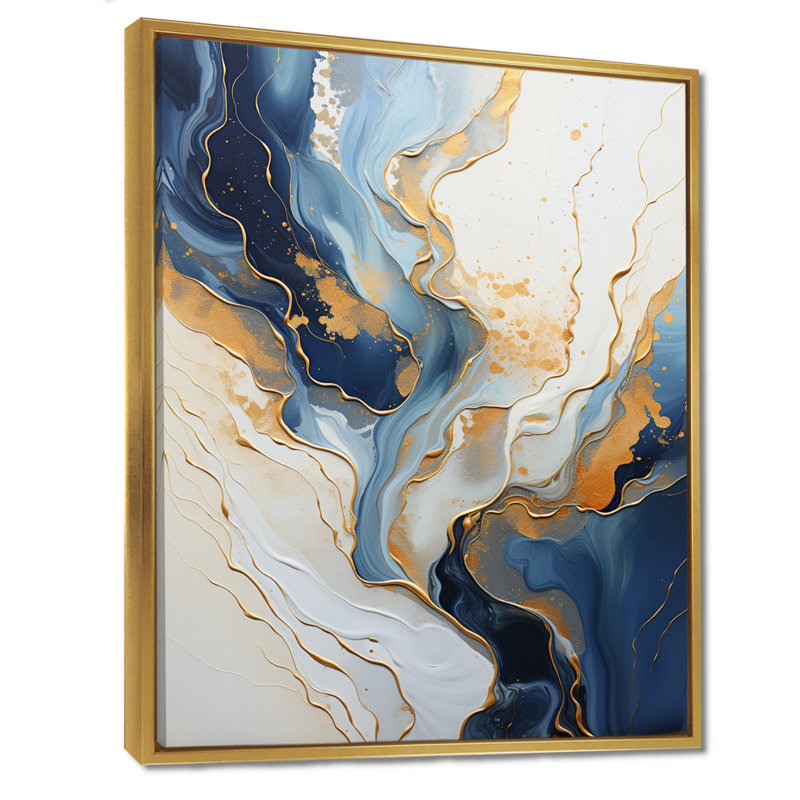 Sun Rays Ocean Blue White Gold III - Marble Wall Art Living Room, H 44 po x l 34 po x P 1,5 po, Toile avec cadre flottant or
