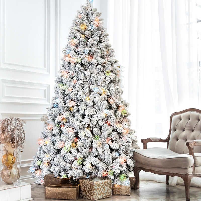Arbre de Noël enneigé 7 pi avec 500 lumières colorées Ul, 45 pin véritable, 1124 pointes enneigées, branches articulées et support en métal pour les branches de décoration d'hiver Installation rapide, décoration de base