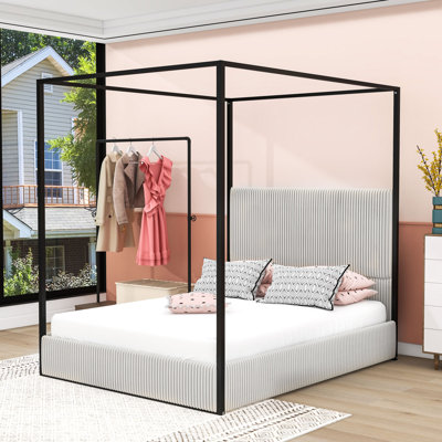 Metal Canopy Bed with Upholstered Headboard and Four Poster