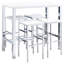 Bar contemporain cinq pièces avec table blanche laquée et quatre chaises sans dossier pour des repas conviviaux. Structure en acier poli, hauteur pub, style moderne et confortable.
