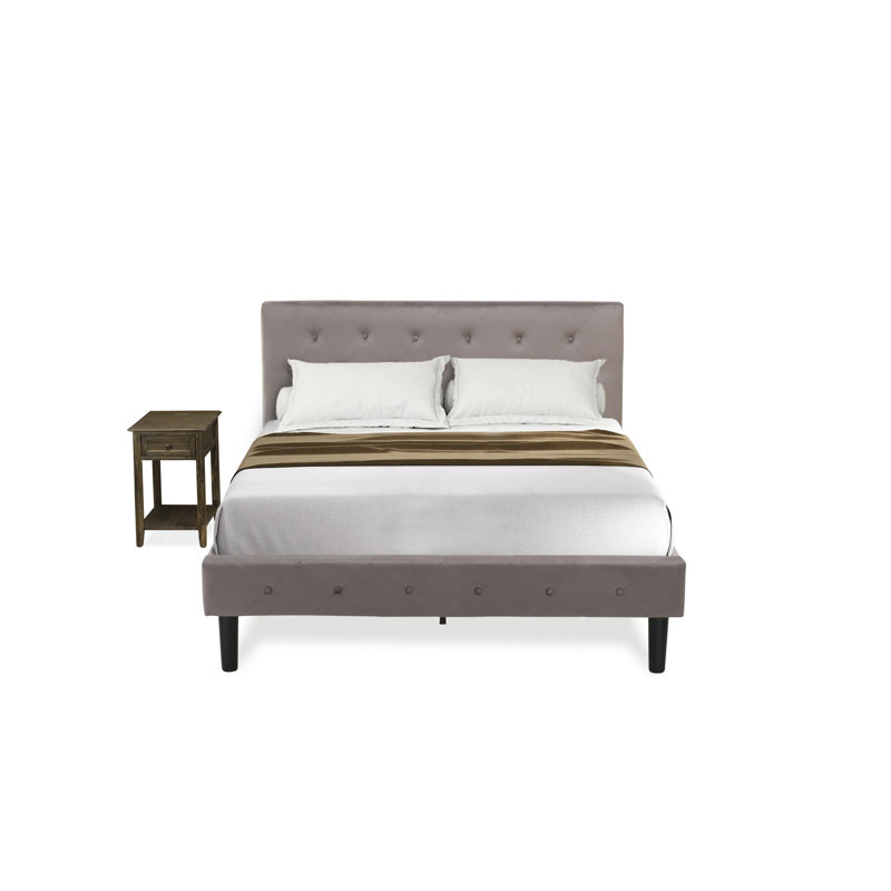 Ensemble de chambre à coucher pour très grand lit 2 pièces - Base de lit capitonnée à boutons - Tête de lit tapissier en velours taupe brun et table de chevet à finition jacobine patinée