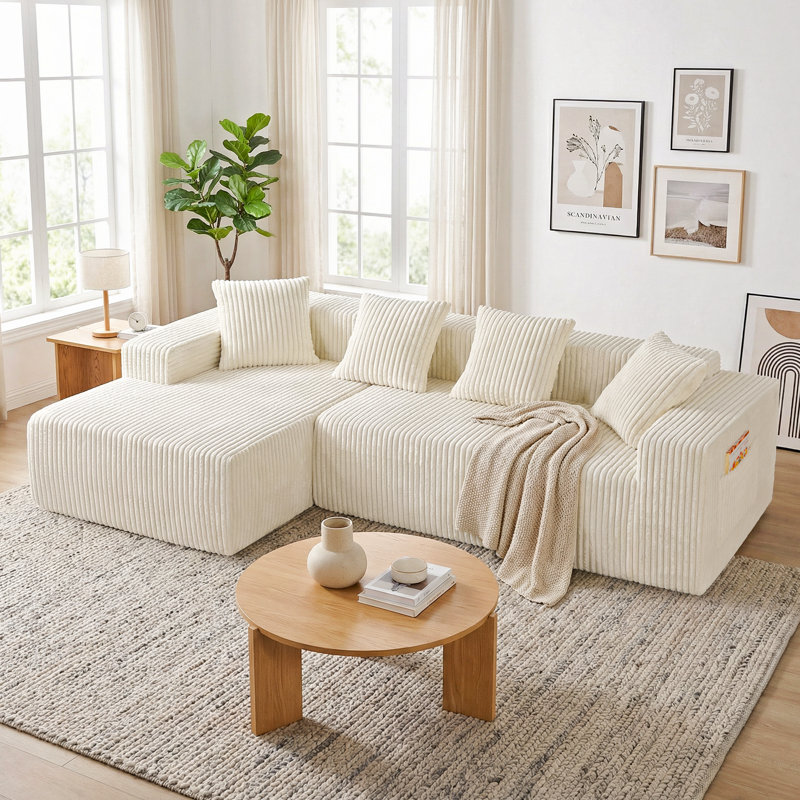 Modern Oversized Corner Sofa L-Shaped Corduroy Sofa With Storage Pockets , Beige, Left Hand Facing