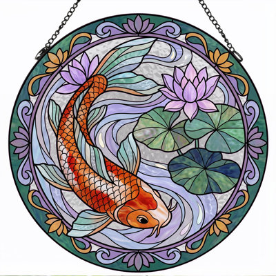 Koi Fish Stained Glass Window Panel，12"H
