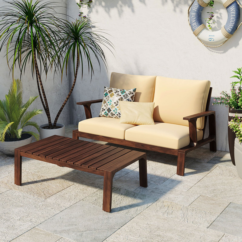 Canapés de patio confortables, ensemble moderne 2 pièces en bois d'acacia pour balcon
