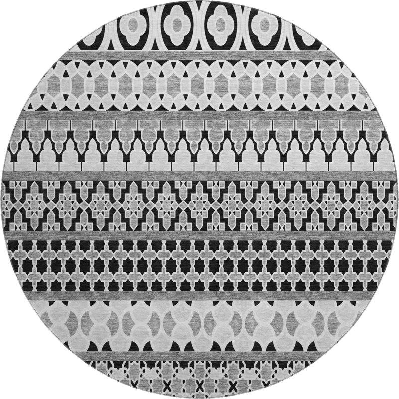 Premium Machine Washable Prisco Black Rug, Round 8'