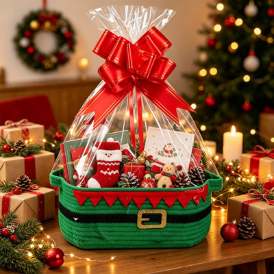Christmas Decor Christmas Woven Gift Basket Rope Storage Basket With Gift Bag And Bow For Holiday Gift Giving Home Tabletop Decor