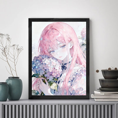 Décoration murale de luxe avec cadre en bois noir, fille, cheveux roses, tenant des fleurs, idéal pour le salon, la chambre, le bureau ou le couloir