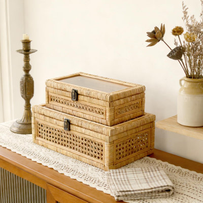 Set Of 2 Rattan And Cane Stacking Boxes With Glass Lids – Decorative Wicker Storage For Boho Decor