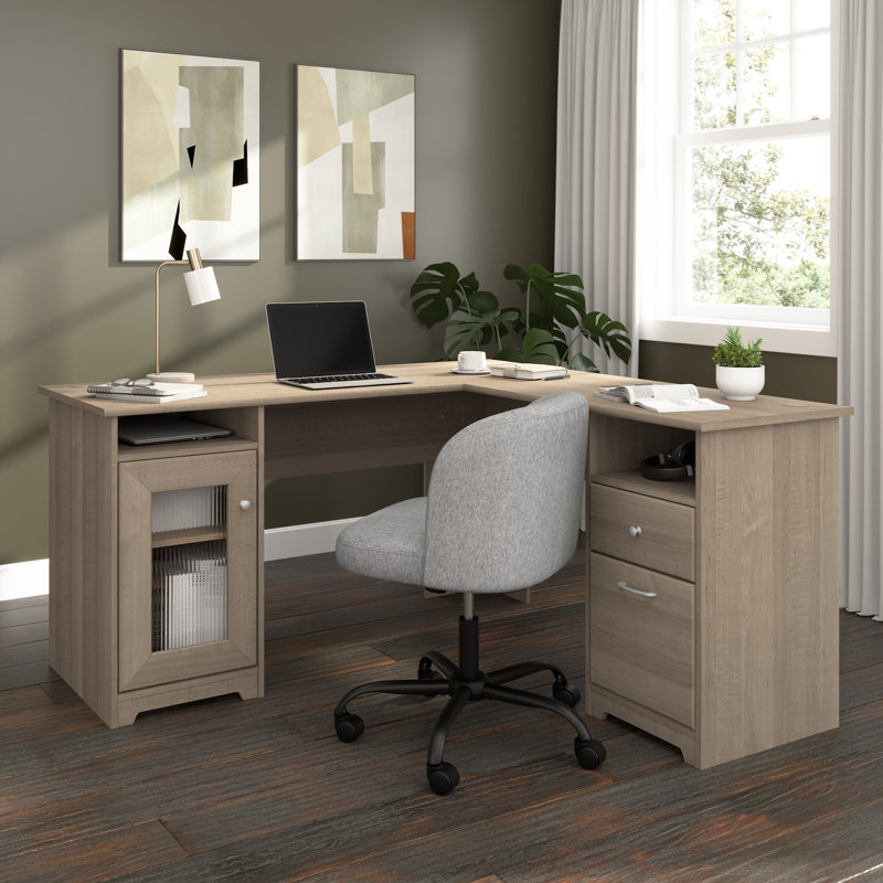 60W L Shaped Computer Desk with Storage in Ash Gray, Ash Gray