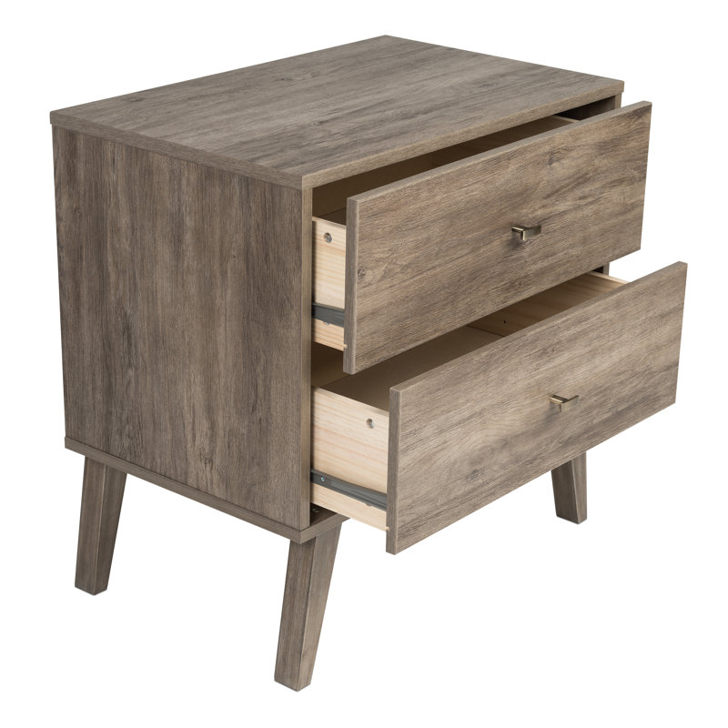 Breux 24.75'' W Nightstand, Mid-Century Modern 2 Drawer Nightstand, Bedside Table, Contemporary Bedroom Furniture, 24.75"W x 25"H x 16"D, Drifted Gray