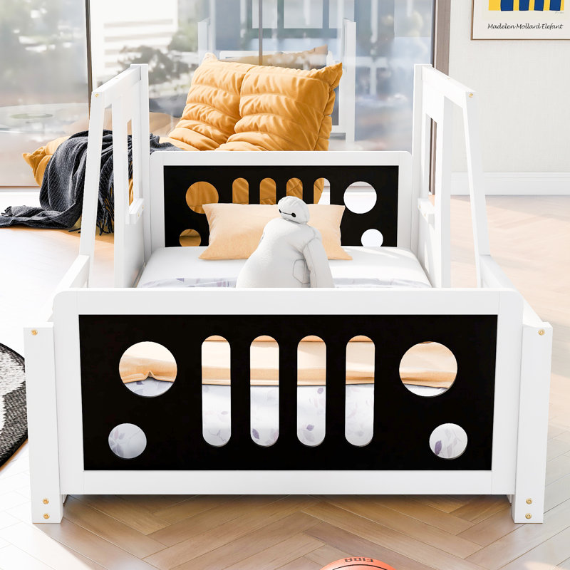 Lit plateforme simple en forme de voiture avec roues, Blanc