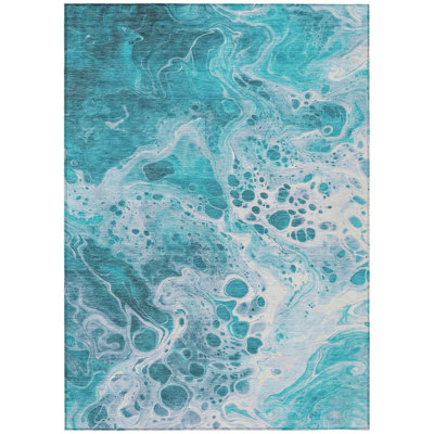 5' X 8' Teal Blue And Ivory Abstract Washable Indoor Outdoor Area Rug