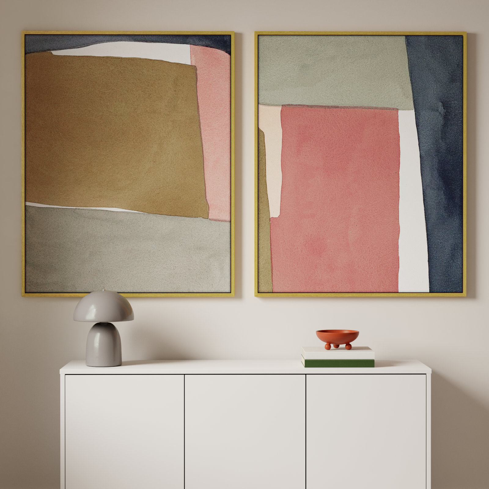 Natual Pink Set Of 2 by Julia Balfour, White Framed Canvas, 50" H x 40" W x 1.4" D, Gold