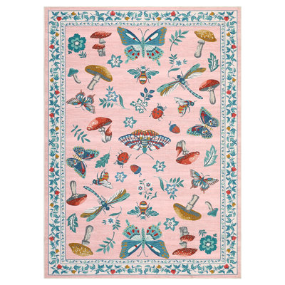 Tapis lavable pour le salon, tapis décoratif à motif floral d'insecte doux antidérapant, tapis d'intérieur pliable résistant aux taches pour la salle à manger, le bureau, la salle de jeux, la chambre de bébé