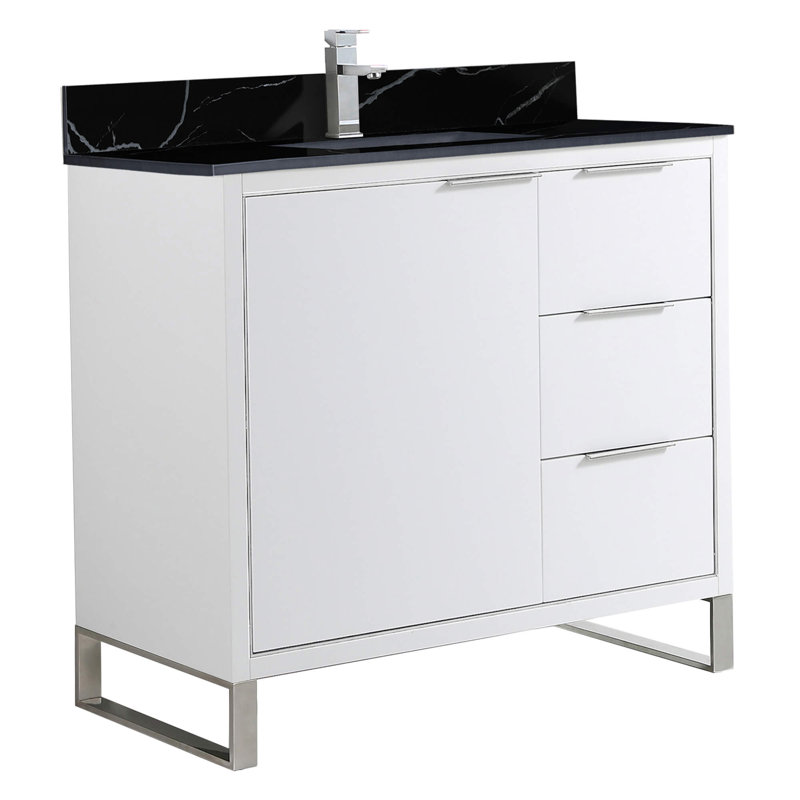 Meuble-lavabo sur pied simple 36 po avec plateau en pierre Gesel, Blanc mat, Chrome, Noir