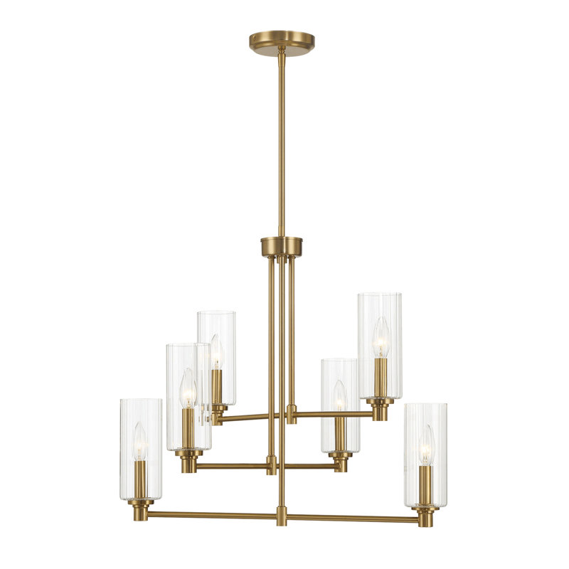 Lustre Timeless à six lumières avec verre côtelé transparent - laiton satiné