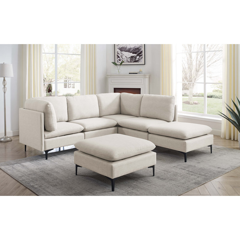 Canapé modulaire réversible avec repose-pieds Cheryal, Mélange de lin amande