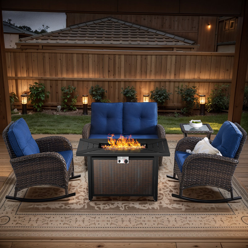 Aluel 5-Pieces Outdoor wicker patio Conversation Set with Gliding Loveseat and Rectangular Fire Pit Table with Windshield