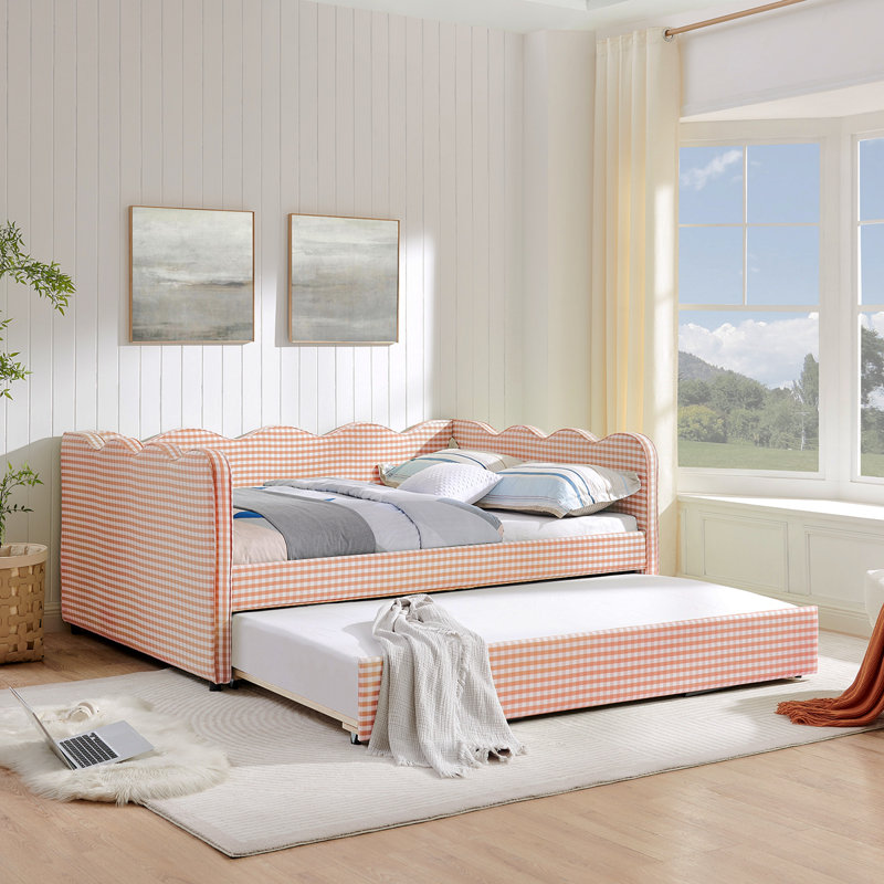 Lit de jour double en vichy double avec couchette simple sans sommier, avec port USB et adorable tissu en forme de vague