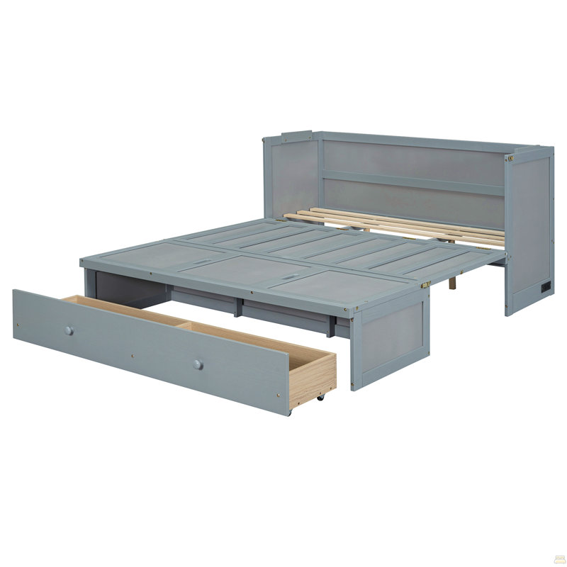Grand lit escamotable avec port USB et grand tiroir, Gris, Grand lit