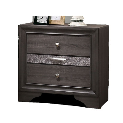 Contemporary 1Pc Nightstand Gray Finish Silver Accents Hidden Jewelry Drawer Nickel Round Knob Bedside Table Bedroom Furniture