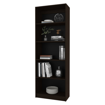 Stained Walnut Bookcase With 5 Shelves And Open Storage, 4 - Tier Design For Vertical Complement Various Furniture Styles, Filled Frame Shelf Primary
