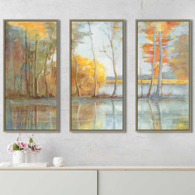 " Lakeside Reflection " 3 - Pieces Painting Print, 33.5" H x 52.5" W x 2" D