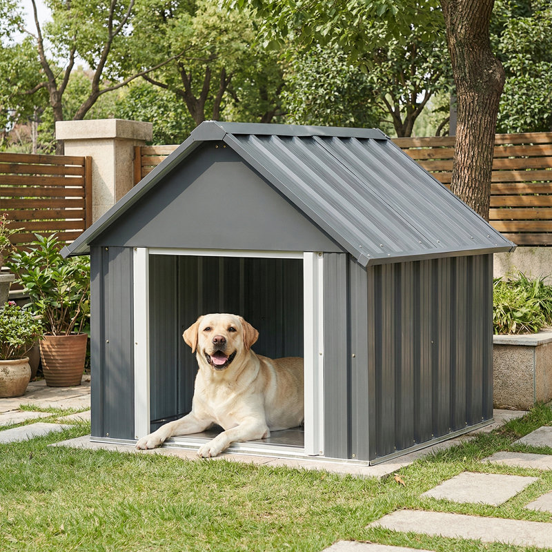 Niche pour chien en métal durable avec toit résistant aux intempéries, utilisation intérieure et extérieure, gris