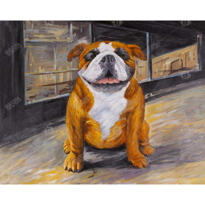 Bouledogue souriant, toile orange moderne | Décoration intérieure