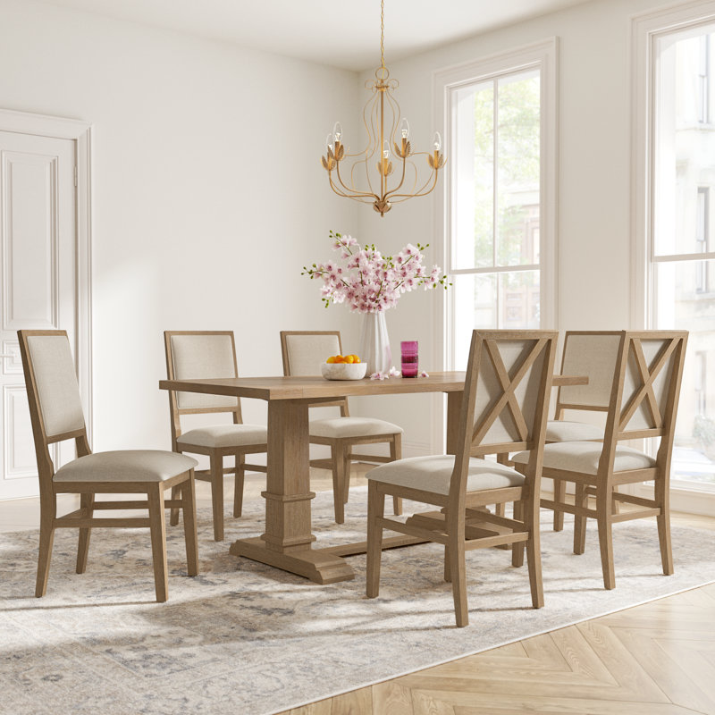 Heymann Trestle Dining Table with Upholstered and Wood Chairs, 7 Pieces: Table, 6 Chairs, Rustic Brown