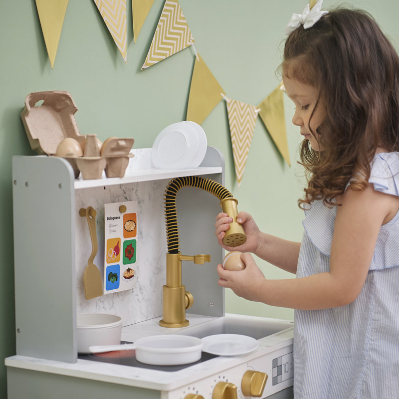 Teamson Kids Little Chef Memphis Wooden Pretend Play Kitchen with 16 Accessories and and Interactive Toy Appliances, Gray