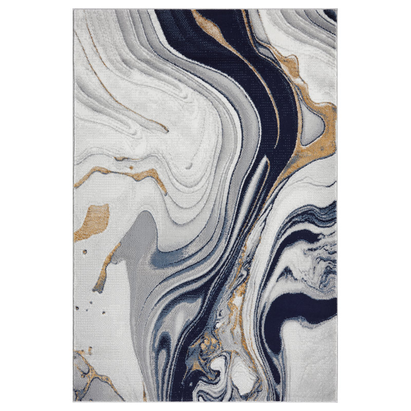 Modern Abstract Area Rug Swirls Contemporary Marble Colorful Carpet For Living Room Bedroom With Gold Lurex Accents, Blue