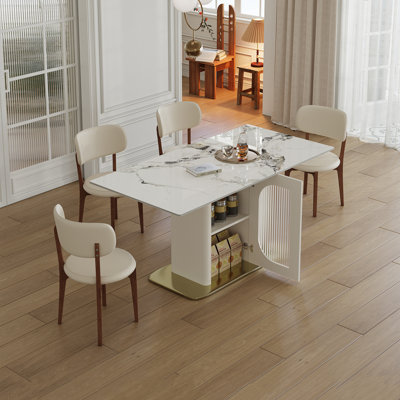 Ensemble de table de salle à manger moderne 63 personnes pour 4 personnes avec rangement, plateau en pierre brûlée et base en bois massif doré, comprenant 4 chaises en polyuréthane