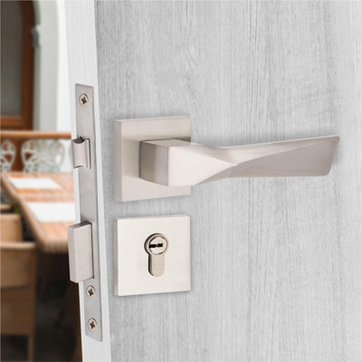  Modern Aura Euro Lock Door Handles in Satin Nickel Finish with 70mm Key, Barrell and Ball Bearing Hinges