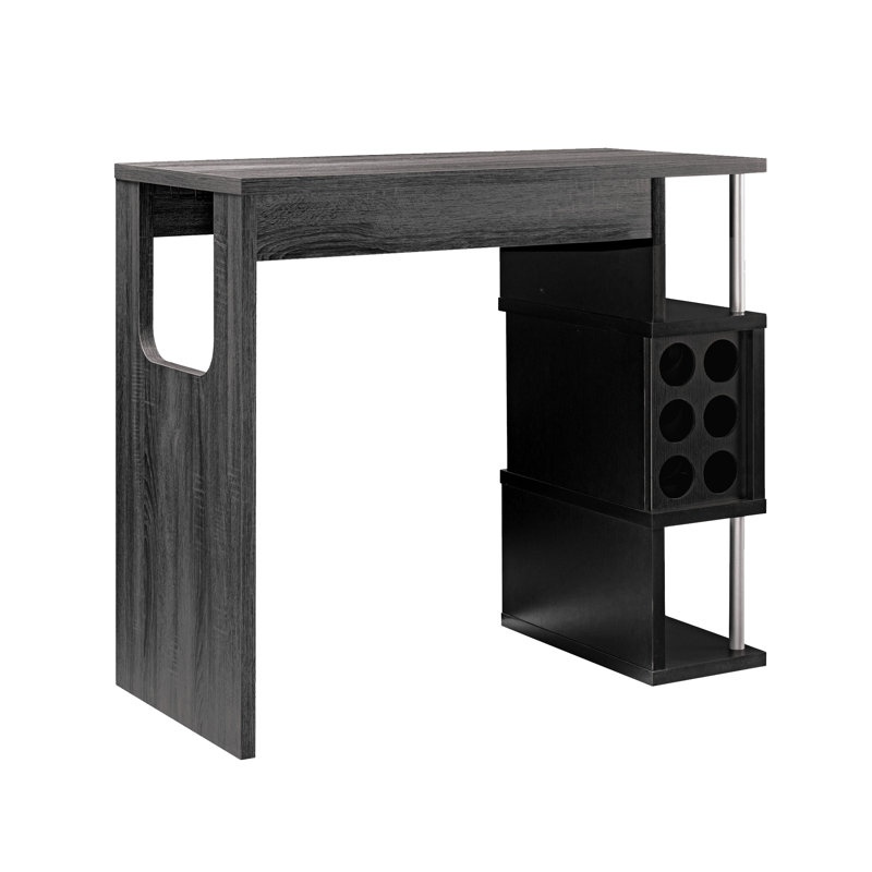 Table de bar grise et noire avec porte-verres à vin et trois tablettes persistantes pour un bar relaxant