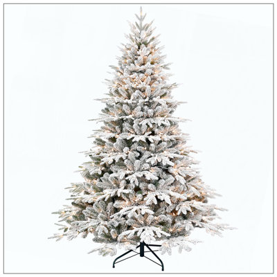 Pre-Lit Flocked Artificial Christmas Tree With 650 Warm White Incandescent Lights, 3135 Tips, Snowy PE+PVC Hinged Pine With Partial Memory Wire Branches, Foldable Metal Stand For Holiday Dec