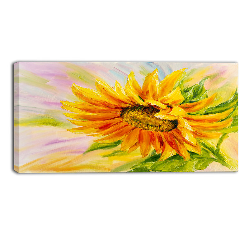 Sunflower Oil Painting on Blue Canvas with Pine Wood Frame