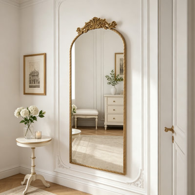 Arched Full Body Mirror with Vintage Ornate Carved Applique