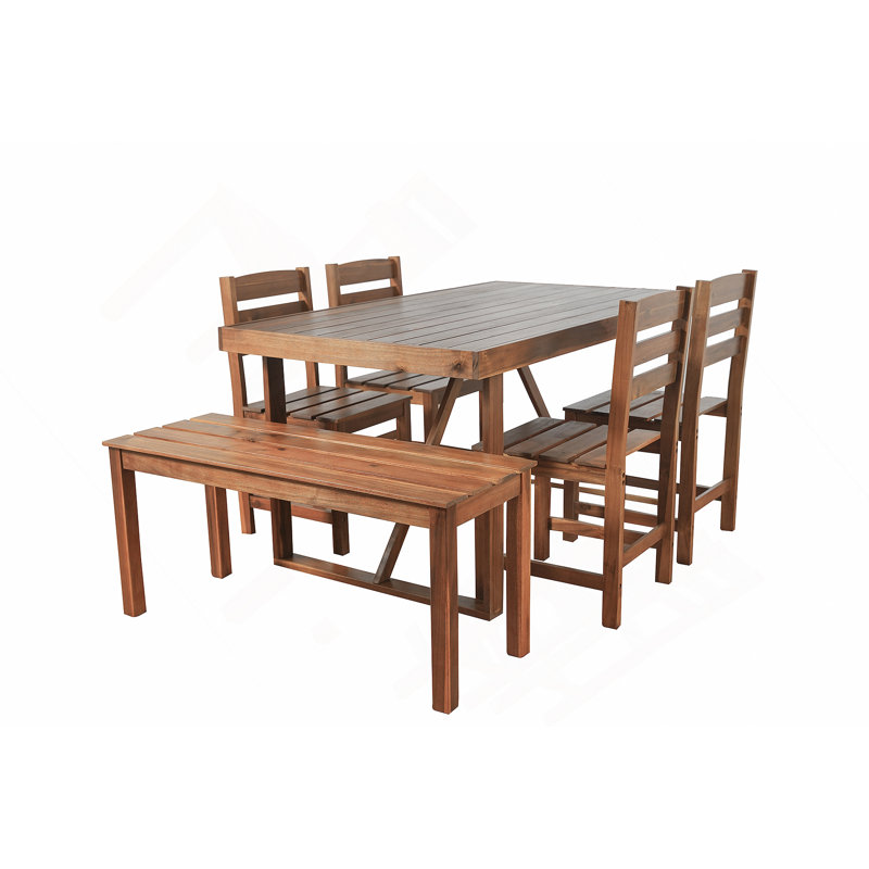 High-Quality Acacia Wood Outdoor Dining Set (1 Table, 1 Bench, 4 Chairs) - Ideal For Patio, Balcony, Backyard, Brown