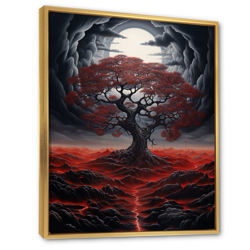 «Occult Red Tree Full Moon Mountain Magic», reproduction sur toile, H 40 po x l 30 po x P 1,5 po, Cadre flottant doré