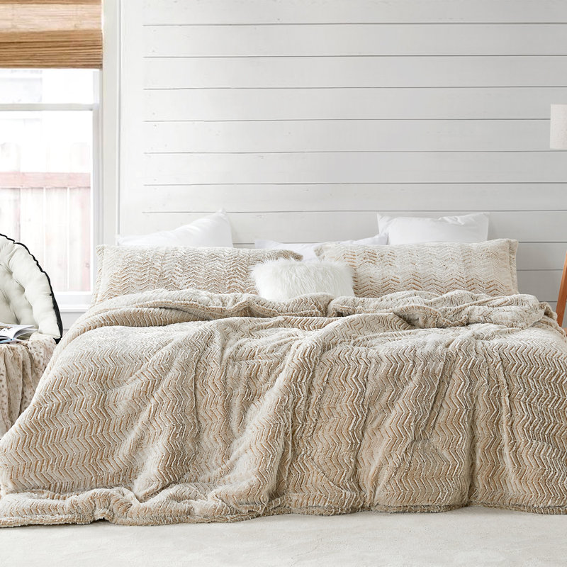 Queen Frosted Taupe Plush Chevron Comforter Set